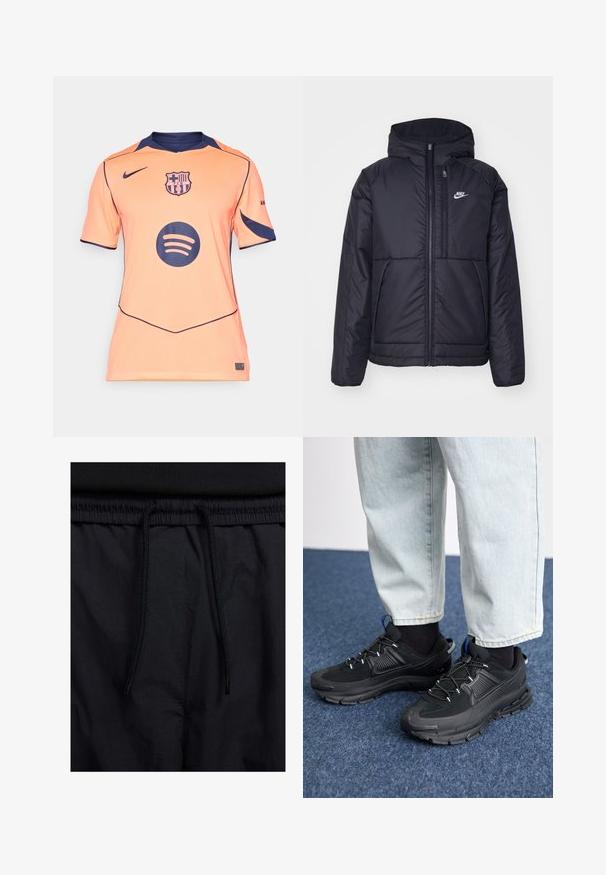 Fekete, párnázott Nike dzseki elülső cipzárral és kapucnival. A bal mellen fehér logó található, valamint két elülső zseb. Simának tűnő külső felület.; Narancssárga, rövid ujjú mez, tengerészkék részletekkel, Barcelona logóval és egy nagy fekete Spotify kör alakú logóval elöl. Strukturált anyag.; Fekete rövidnadrág, húzózsinórral ellátott derékrésszel, könnyű anyagból, sima felszínen, egyszerű dizájnnal, látható logók vagy minták nélkül.; Fekete sportcipők texturált anyaggal és gumitalppal, elasztikus fűzőkkel és kék kiegészítővel a saroknál. Világos farmernadrággal viselve.