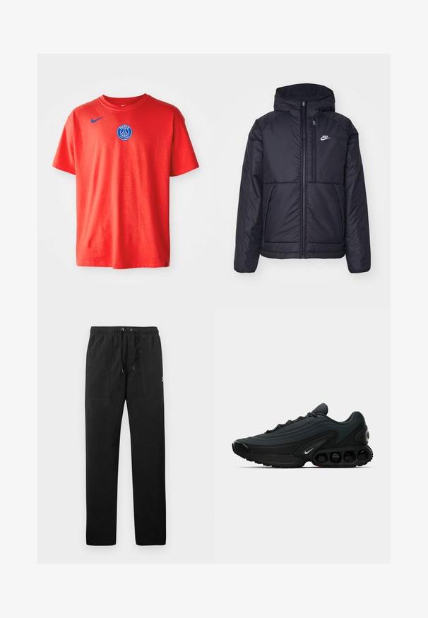 Svart, polstret Nike-jakke med frontglidelås og hette. Har en hvit logo på venstre bryst og doble frontlommer. Glatt ytterside.; Rød bomull t-skjorte med en blå Nike-logo på venstre skulder og et blått Paris Saint-Germain-merke på brystet. Korte ermer.; Sorte joggebukser laget av fleece, med elastisk liv med snøring, to frontlommer og en liten logo på låret.; Svart atletisk sko med teksturert stoffoverdel, buet design, fremtredende mellomsole og synlige dempelementer. Har hvit logo-detalj.