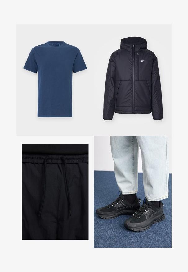Juodas, paminkštintas Nike džemperis su priekyje užtrauktuku ir gobtuvu. Pasižymi balta logo kairėje krūtinės pusėje ir dviem priekinėmis kišenėmis. Su lygiu išoriniu paviršiumi.; Tamsiai mėlynas medvilnės marškinėliai su apvalia kaklo iškirpte, trumpomis rankovėmis ir tiesiu kirpimu. Lygi tekstūra, be matomų raštų ar puošmenų.; Juodos šortai su raišteliu juosmens srityje, lengva medžiaga su lygiu paviršiumi ir paprastas dizainas be matomų logotipų ar raštų.; Juodi sportiniai bateliai su tekstūruota medžiaga ir guminiais padais, su elastingomis raišteliais ir mėlynu akcentu ant kulno. Dėvimi su šviesiai mėlynomis džinsinėmis kelnėmis.