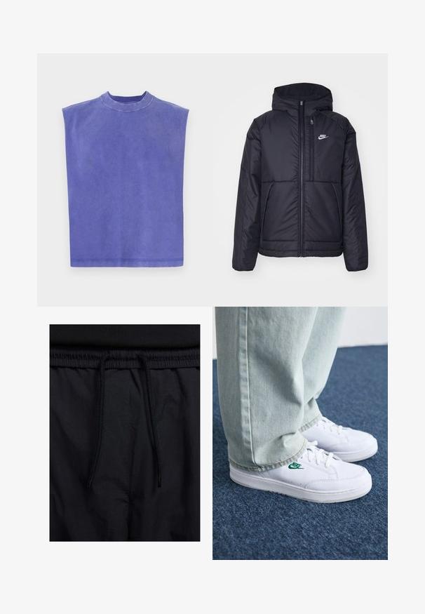 Black, padded Nike jacket with a front zipper and hood. Features a white logo on the left chest and dual front pockets. Smooth exterior texture.; Purple sleeveless top made of soft cotton. Features a round neck and a relaxed fit, with a slightly faded texture and clean hem.; Black shorts featuring a drawstring waistband, lightweight fabric with a smooth texture, and a simple design without visible logos or patterns.; White leather sneakers with green Nike logo, round toe, flat sole, paired with light blue denim pants, shown on a blue carpet.