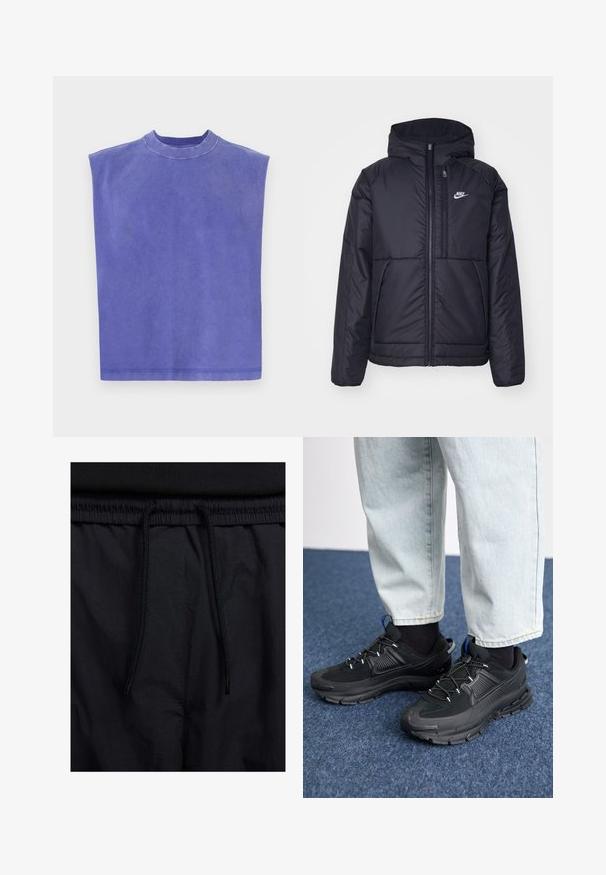 Crna Nike jakna s podstavom, dugmadi sprijeda i kapuljačom. Ima bijeli logotip na lijevoj strani prsnog koša i dva prednja džepa. Glatka vanjska tekstura.; Ljubičasti sivi top bez rukava napravljen od mekanog pamuka. Ima okrugli izrez i opuštenu siluetu, s malo izblijedjelom teksturom i urednim rubom.; Crne kratke hlače s pojasom na vezanje, lagani materijal s glatkom teksturom i jednostavan dizajn bez vidljivih logotipa ili uzoraka.; Crne atletske cipele s teksturiranom tkaninom i gumene potplate, s elastičnim vezicama i plavim akcentom na peti. Nosene su s svijetlim trapericama.