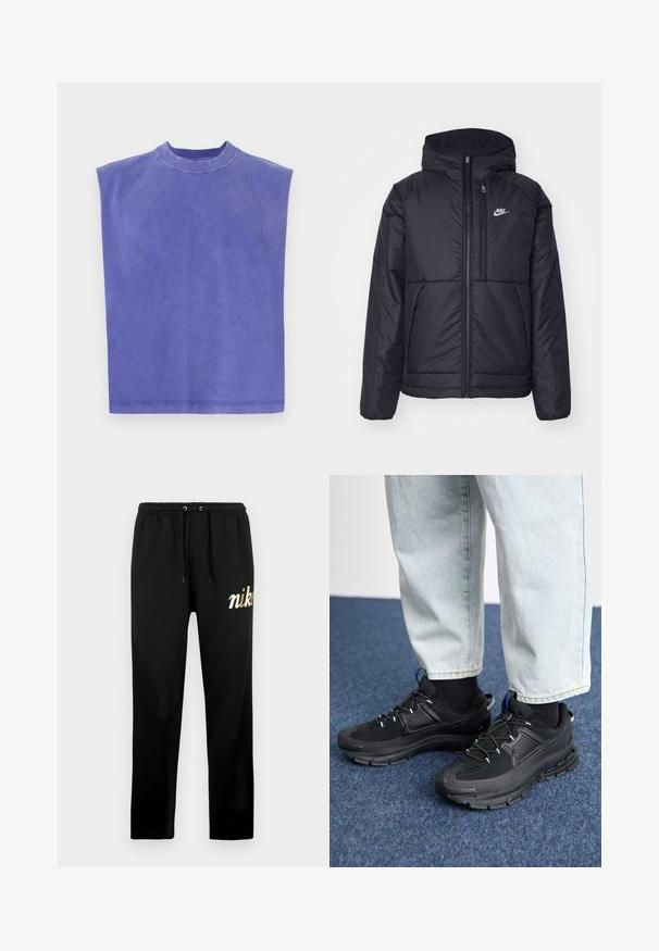 Černá zateplená bunda Nike s předním zipem a kapucí. Na levé straně hrudi má bílé logo a dvojité přední kapsy. Hladký povrch.; Fialový bezramenný top vyrobený z měkké bavlny. Má kulatý výstřih a volný střih, s mírně vybledlou texturou a čistým lemem.; Černé tepláky z měkké látky, s elastickým pasem na šňůrky, zúženými nohavicemi a zlatým vyšívaným logem "nike".; Černé sportovní boty s texturovanou tkaninou a gumovou podrážkou, s elastickými tkaničkami a modrým akcentem na patě. Nosí se s světlými džíny.