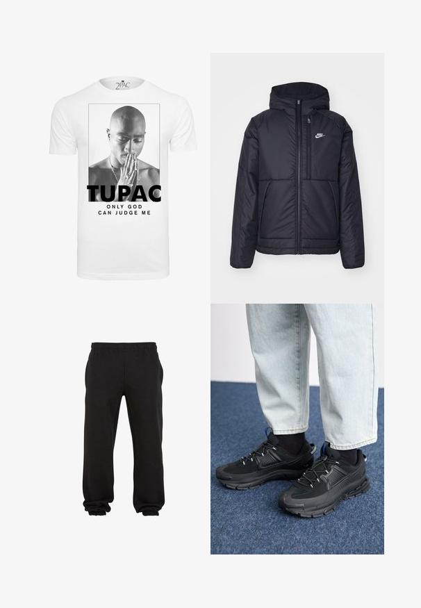 Svart, polstret Nike-jakke med frontglidelås og hette. Har en hvit logo på venstre bryst og doble frontlommer. Glatt ytterside.; Hvit bomull t-skjorte med et svart-hvitt grafikk av en mann som holder hendene sammen i bønn, med teksten "TUPAC" og "ONLY GOD CAN JUDGE ME."; Svarte joggebukser laget av myk stoff, med elastisk midje og elastiske mansjetter ved ankelen, som gir en avslappet passform og komfort.; Svarte sportssko med teksturert stoff og gummisåler, med elastiske lisser og en blå detalj på hælen. Brukt med lyse denimbukser.