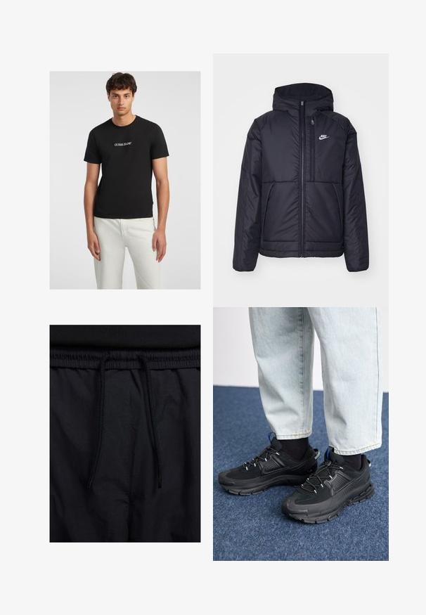 Juodas, paminkštintas Nike džemperis su priekyje užtrauktuku ir gobtuvu. Pasižymi balta logo kairėje krūtinės pusėje ir dviem priekinėmis kišenėmis. Su lygiu išoriniu paviršiumi.; Juodas medvilninis marškinėliai trumpomis rankovėmis, kuriuose yra balta „GUESS JEANS“ logotipas, esantis centriniame krūtinės taške. Modelis derina juos su baltais džinsais.; Juodos šortai su raišteliu juosmens srityje, lengva medžiaga su lygiu paviršiumi ir paprastas dizainas be matomų logotipų ar raštų.; Juodi sportiniai bateliai su tekstūruota medžiaga ir guminiais padais, su elastingomis raišteliais ir mėlynu akcentu ant kulno. Dėvimi su šviesiai mėlynomis džinsinėmis kelnėmis.