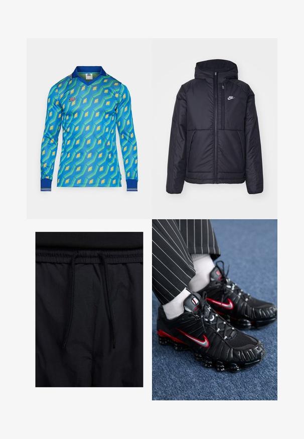 Giacca Nike nera, imbottita, con zip frontale e cappuccio. Presenta un logo bianco sul lato sinistro del petto e doppie tasche frontali. Texture esterna liscia.; Camicia a maniche lunghe blu con un motivo geometrico e dettagli in verde e giallo. Collo e polsini a coste con dettagli a righe.; Shorts neri con vita regolabile tramite coulisse, tessuto leggero con una texture liscia e un design semplice senza loghi o motivi visibili.; Scarpe da ginnastica nere con accenti rossi e silver, materiali sintetici a rete e testurizzati, design con lacci e suola con ammortizzazione visibile.