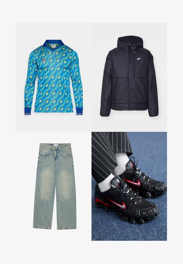 Schwarze, gepolsterte Nike-Jacke mit Frontreißverschluss und Kapuze. Hat ein weißes Logo auf der linken Brust und zwei Fronttaschen. Glattes äußeres Material.; Langarmhemd in Blau mit einem geometrischen Muster und Akzenten in Grün und Gelb. Rippkragen und -manschetten mit Streifendetails.; Helle blaue weite Jeans aus Denim, ausgestattet mit zwei Vordertaschen, einem Knopfverschluss und einer ausgewaschenen Optik mit sichtbaren Nähten.; Schwarze Sportschuhe mit roten und silbernen Akzenten, Netz- und strukturierten synthetischen Materialien, Schnürdesign und sichtbarer Dämpfungssohle.