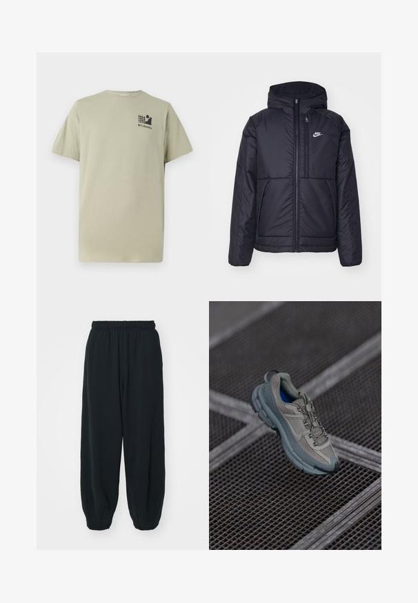 Svart, polstret Nike-jakke med frontglidelås og hette. Har en hvit logo på venstre bryst og doble frontlommer. Glatt ytterside.; Lyse oliven grønn bomull T-skjorte med korte ermer, rund hals og liten svart grafikk med trær og en sol på brystet.; Sorte, joggebukser med elastisk liv, løs passform, mansjetter på ankler, glatt tekstur og uten synlige mønstre eller hardware-detaljer.; Beige og grå idrettssko med strukturert nettingoverdel, rund tå og gummisåle, med lisser og polstret krage.