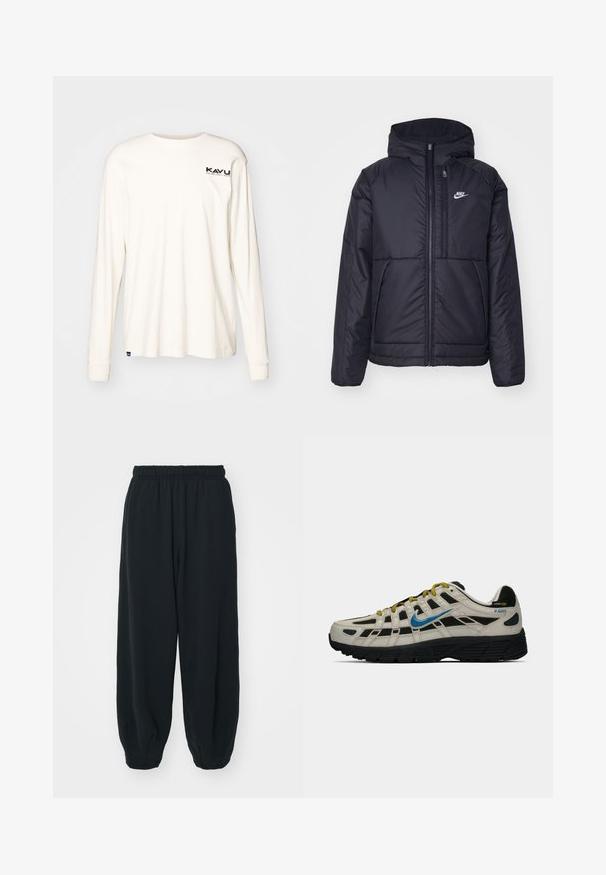 Jachetă Nike neagră, căptușită, cu fermoar pe față și glugă. Prezintă un logo alb pe pieptul stâng și două buzunare frontale. Textură exterioară netedă.; Cămașă din bumbac albă of-white, cu mânecă lungă și guler rotund. Prezintă un mic logo negru pe pieptul stâng. Textură moale, croială lejeră.; Pantaloni de trening negri, cu talie elastică, cu o croială lejeră, la baza pantaloni fiind strânși, având o textură netedă și fără modele sau accente metalice vizibile.; Adidași Nike P-6000 bej și negri cu swoosh albastru, șireți galbeni, talpă neagră și etichetă din material Cordura pe toc.