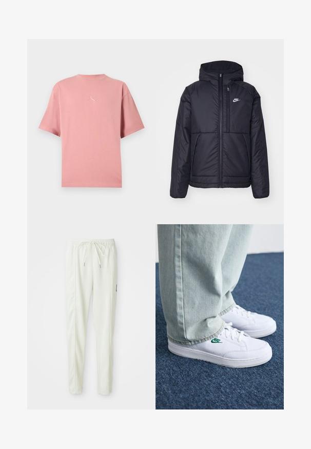 Black, padded Nike jacket with a front zipper and hood. Features a white logo on the left chest and dual front pockets. Smooth exterior texture.; Pink cotton t-shirt with short sleeves, a crew neckline, and an embroidered logo in the center. Smooth texture and relaxed fit.; White slim-fit jogger pants with elastic waistband and drawstring, featuring side seam detailing and a small black patch on the right leg.; White leather sneakers with green Nike logo, round toe, flat sole, paired with light blue denim pants, shown on a blue carpet.