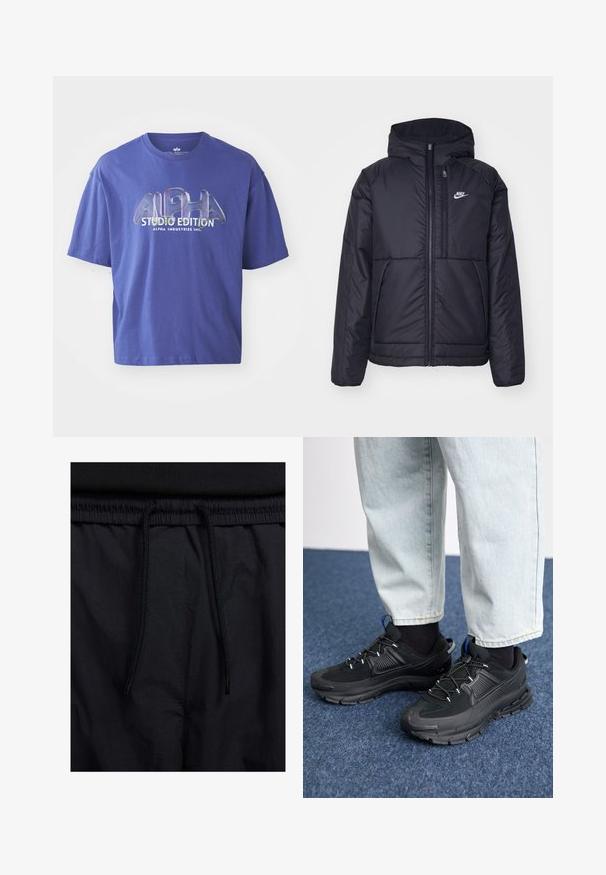 Casaco Nike preto, acolchoado, com fecho à frente e capuz. Apresenta um logo branco no lado esquerdo do peito e dois bolsos frontais. Textura exterior lisa.; T-shirt de algodão roxo com um corte descontraído, decote redondo e uma impressão gráfica que diz "ALPHA STUDIO EDITION" em letras grandes.; Calções pretos com um cós elástico ajustável, fabricados em tecido leve com uma textura suave e um design simples, sem logótipos ou padrões visíveis.; Sapatilhas desportivas pretas com tecido texturizado e solas em borracha, apresentando atacadores elásticos e um detalhe azul no calcanhar. Usadas com calças de ganga claras.
