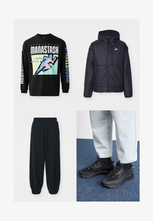 Black, padded Nike jacket with a front zipper and hood. Features a white logo on the left chest and dual front pockets. Smooth exterior texture.; Black long-sleeve t-shirt featuring a graphic design with a runner in pink, geometric shapes, and text in white and blue, made of cotton.; Black, elasticated-waist sweatpants with a loose fit, cuffed ankles, smooth texture, and no visible patterns or hardware accents.; Black athletic shoes with textured fabric and rubber soles, featuring elastic laces and a blue accent on the heel. Worn with light denim pants.