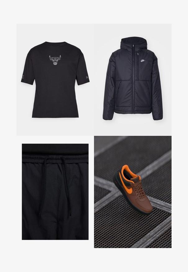Casaco Nike preto, acolchoado, com fecho à frente e capuz. Apresenta um logo branco no lado esquerdo do peito e dois bolsos frontais. Textura exterior lisa.; T-shirt preto de manga curta com textura canelada, apresentando um logo de touro bordado em branco no peito e um pequeno detalhe na manga.; Calções pretos com um cós elástico ajustável, fabricados em tecido leve com uma textura suave e um design simples, sem logótipos ou padrões visíveis.; Sneaker de couro castanho com detalhes em laranja, bico redondo, design com atacadores e superfície texturizada. Sola de borracha verde com a marca "AIR" visível.