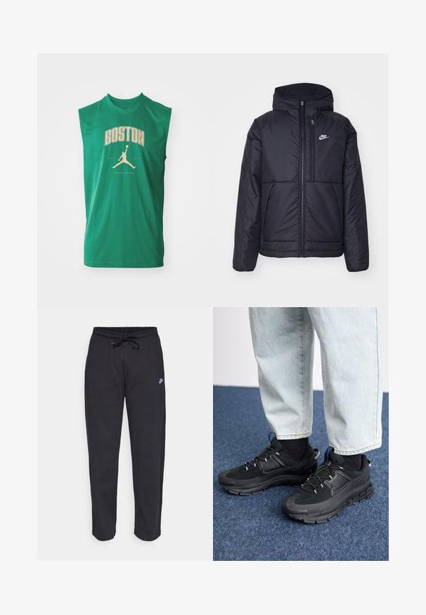 Črna, podložena Nike jakna z sprednjim zadrgo in kapuco. Ima bel logo na levem prsnem delu in dvojna sprednja žepa. Gladka zunanja tekstura.; Zelen majica brez rokavov za šport z napisom "BOSTON" v zlati barvi in silhueto košarkarske žoge. Gladek material z udobnim krojem.; Črne trenirke iz mehkega materiala z elastičnim pasom, vrvico in majhnim logotipom Nike na levem stegnu.; Črne športne čevlje z teksturirano tkanino in gumijastimi podplati, ki imajo elastične vezalke ter modre poudarke na peti. Nosi se z lahkimi denim hlačami.