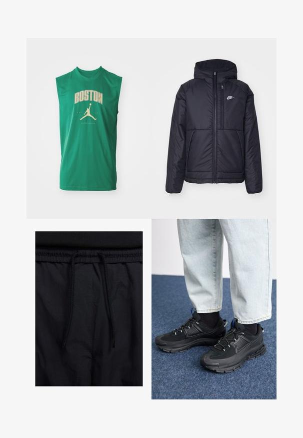 Casaco Nike preto, acolchoado, com fecho à frente e capuz. Apresenta um logo branco no lado esquerdo do peito e dois bolsos frontais. Textura exterior lisa.; Camisola atlética verde sem mangas com "BOSTON" em dourado e logo de silhueta de basquetebol. Tecido suave com um corte descontraído.; Calções pretos com um cós elástico ajustável, fabricados em tecido leve com uma textura suave e um design simples, sem logótipos ou padrões visíveis.; Sapatilhas desportivas pretas com tecido texturizado e solas em borracha, apresentando atacadores elásticos e um detalhe azul no calcanhar. Usadas com calças de ganga claras.