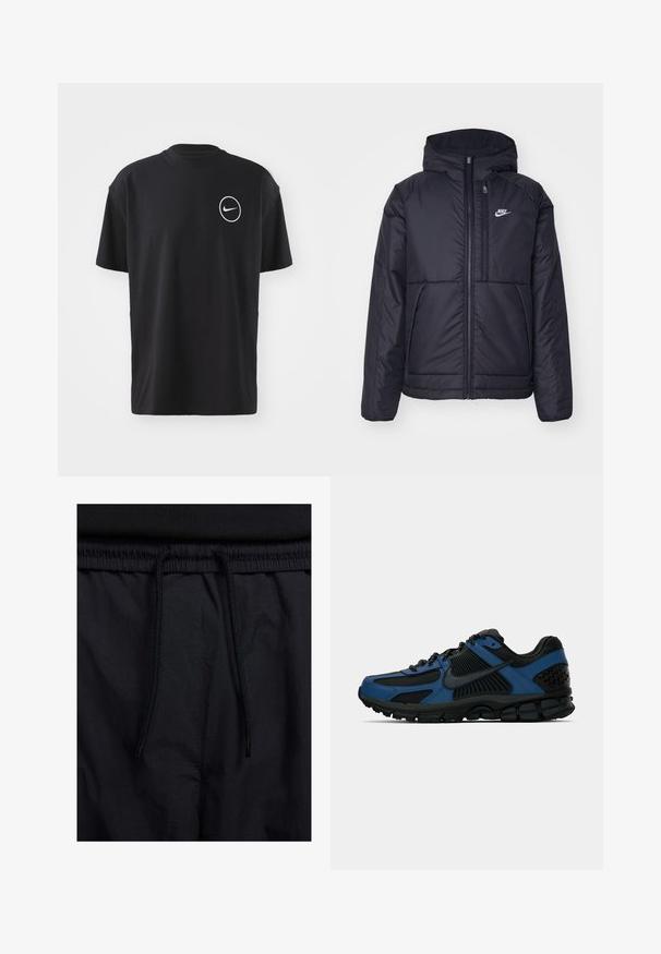 Casaco Nike preto, acolchoado, com fecho à frente e capuz. Apresenta um logo branco no lado esquerdo do peito e dois bolsos frontais. Textura exterior lisa.; T-shirt de algodão preto com mangas curtas e decote redondo. Apresenta um logotipo circular branco na área do peito esquerdo. Textura macia.; Calções pretos com um cós elástico ajustável, fabricados em tecido leve com uma textura suave e um design simples, sem logótipos ou padrões visíveis.; Sapatilha desportiva de cano baixo em preto e azul com sola texturizada, parte superior em malha e sintético, e o logo da Nike em preto na lateral.