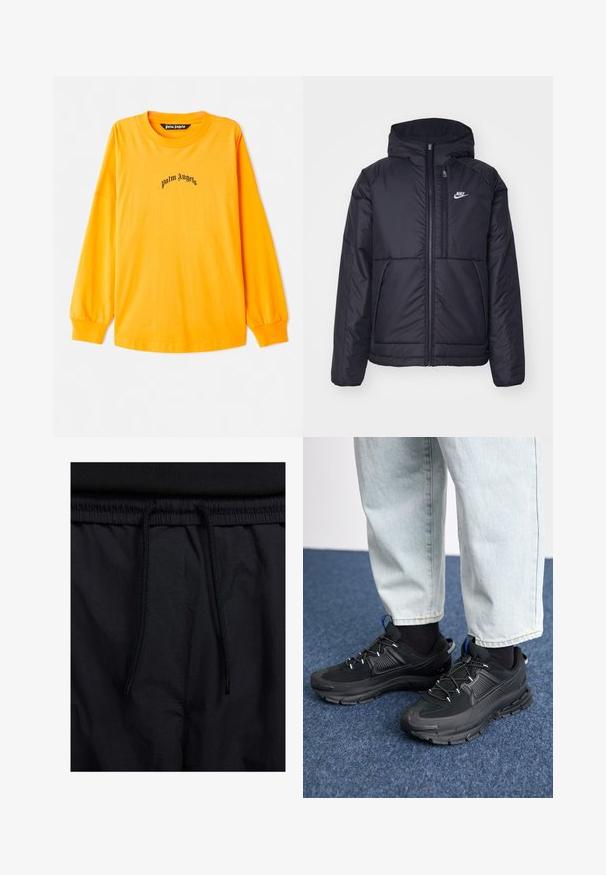 Crna Nike jakna s podstavom, dugmadi sprijeda i kapuljačom. Ima bijeli logotip na lijevoj strani prsnog koša i dva prednja džepa. Glatka vanjska tekstura.; Majica dugih rukava svijetlo žute boje izrađena od pamuka. Ima crni logo "palm angels" centriran na prsima. Jednostavan, opušten fit.; Crne kratke hlače s pojasom na vezanje, lagani materijal s glatkom teksturom i jednostavan dizajn bez vidljivih logotipa ili uzoraka.; Crne atletske cipele s teksturiranom tkaninom i gumene potplate, s elastičnim vezicama i plavim akcentom na peti. Nosene su s svijetlim trapericama.