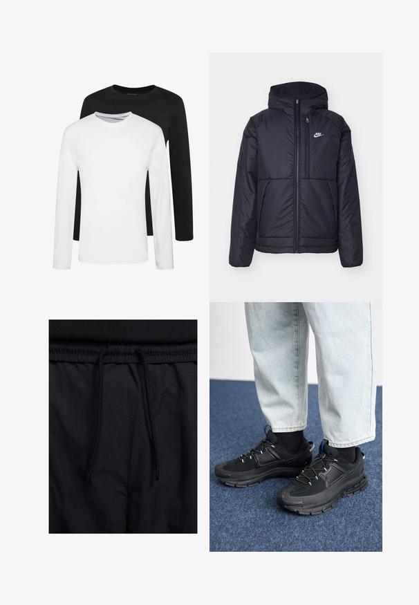 Must musta Nike jope, millel on ees lukuga avamine ja kapuuts. Vasakpoolne rind on kaunistatud valge logoga ning ees on kaks taskut. Sile välimine tekstuur.; Kaks pikkade varrukatega t-särki, üks must ja teine valge, valmistatud puuvillast, neil on ümar kaelus ja siledad tekstuurid, esitletud kuhjana.; Mustad lühikesed püksid, millel on paelaga vöökoht, kerge kangas, mis on sileda tekstuuriga ning lihtne disain ilma nähtavate logode või mustriteta.; Mustad mustad jooksukingad, millel on tekstureeritud kangas ja kummist tallad, elastsed nöörid ning sinine aksent kandadel. Kandmine heledate teksadega.