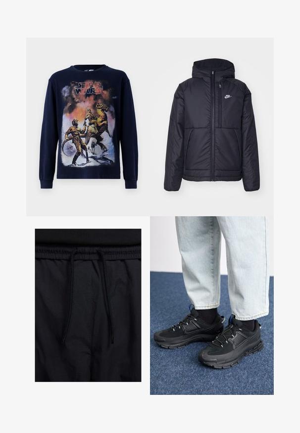 Must musta Nike jope, millel on ees lukuga avamine ja kapuuts. Vasakpoolne rind on kaunistatud valge logoga ning ees on kaks taskut. Sile välimine tekstuur.; Tumesinine pikkade varrukatega T-särk, millel on vintage Star Warsi graafiline illustreerimine, kus on kujutatud tegelasi ja olendit lumisel maastikul.; Mustad lühikesed püksid, millel on paelaga vöökoht, kerge kangas, mis on sileda tekstuuriga ning lihtne disain ilma nähtavate logode või mustriteta.; Mustad mustad jooksukingad, millel on tekstureeritud kangas ja kummist tallad, elastsed nöörid ning sinine aksent kandadel. Kandmine heledate teksadega.