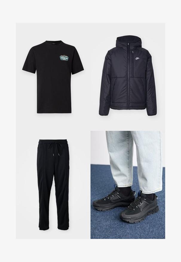 Černá zateplená bunda Nike s předním zipem a kapucí. Na levé straně hrudi má bílé logo a dvojité přední kapsy. Hladký povrch.; Černé bavlněné tričko s kulatým výstřihem a krátkými rukávy, s grafickým potiskem na levé hrudi v krémové a tyrkysové barvě.; Černé casual kalhoty se stahovací šňůrkou v pase, bočními kapsami a rovnými nohavicemi na jednobarevném pozadí.; Černé sportovní boty s texturovanou tkaninou a gumovou podrážkou, s elastickými tkaničkami a modrým akcentem na patě. Nosí se s světlými džíny.