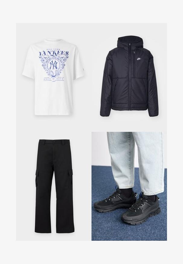 Svart, polstret Nike-jakke med frontglidelås og hette. Har en hvit logo på venstre bryst og doble frontlommer. Glatt ytterside.; Hvit t-skjorte med blå trykt design som viser "New York Yankees," detaljerte ornamenter og "Since 1903" under et baseballmotiv. Korte ermer.; Svarte cargo-bukser med rett ben-design. Laget av slitesterkt stoff, med to sidelommer med klaffelukking og knappestolpe.; Svarte sportssko med teksturert stoff og gummisåler, med elastiske lisser og en blå detalj på hælen. Brukt med lyse denimbukser.