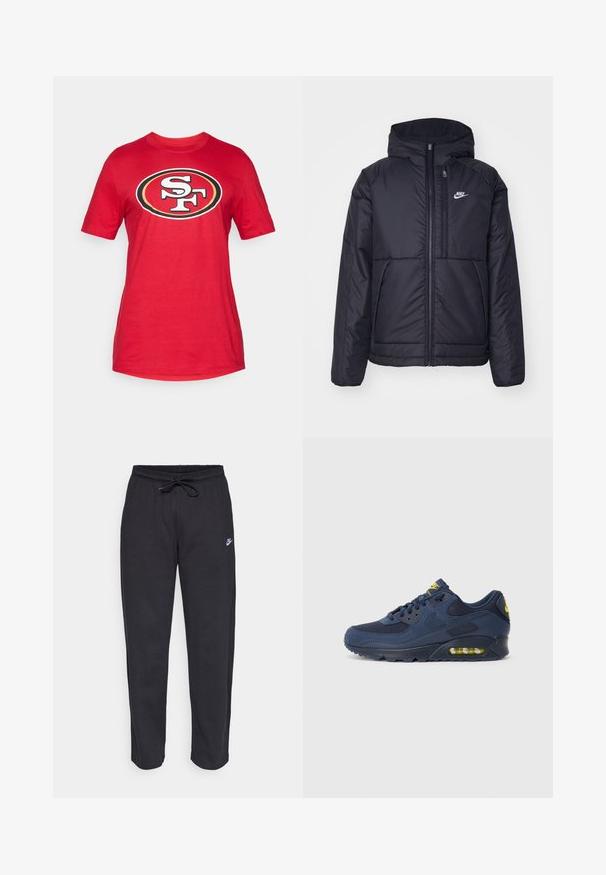 Melna, pufota Nike jaka ar priekšējo rāvējslēdzēju un kapuci. Iezīmēta ar baltu logotipu uz kreisās krūtis un divām priekšējām kabatām. Gluda ārējā tekstūra.; Sarkanais kokvilnas T-krekls ar lielu melnbaltu "SF" logo ovālas formas ietvarā. Īsas piedurknes un apaļa dekoltē.; Melnas sporta bikses, kas izgatavotas no mīksta auduma, ar elastīgu jostu, auklu un mazu Nike logo uz kreisā augšstilba.; Jūras zilas Nike Air Max kedas ar zamša un sieta augšdaļu, ar dzelteniem akcentiem, auklājamā priekšpusē un redzamu gaisa amortizāciju zole.