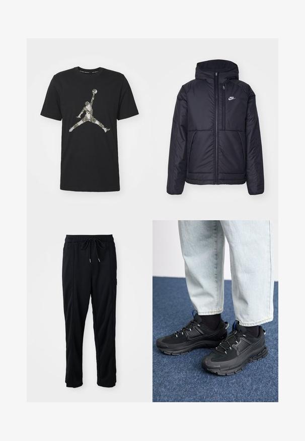 Casaco Nike preto, acolchoado, com fecho à frente e capuz. Apresenta um logo branco no lado esquerdo do peito e dois bolsos frontais. Textura exterior lisa.; Camiseta preta de algodão com um grande estampado texturizado de camuflagem da silhueta de um jogador de basquetebol na parte da frente. Decote redondo.; Calças casuais pretas com cordão na cintura, com bolsos laterais e corte reto, sobre um fundo simples.; Sapatilhas desportivas pretas com tecido texturizado e solas em borracha, apresentando atacadores elásticos e um detalhe azul no calcanhar. Usadas com calças de ganga claras.