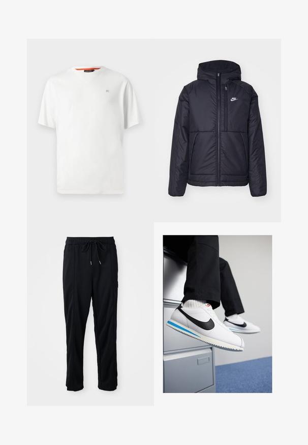 Melna, pufota Nike jaka ar priekšējo rāvējslēdzēju un kapuci. Iezīmēta ar baltu logotipu uz kreisās krūtis un divām priekšējām kabatām. Gluda ārējā tekstūra.; Vienkārša baltā T-kreklā ar īsām piedurknēm, ar mazu, diskrētu logotipu kreisajā krūtīs un oranžu akcentu apkakles iekšpusē.; Melnas bikses ar aukliņu jostas vietā, ar sānu kabatām un taisnu kāju griezumu uz vienkrāsaina fona.; Baltas ādas sporta apavi ar melnu Nike zīmi, gaiši zilu un pelēku gumijas zoli un klasisku auklu dizainu. Kājām atpūšoties uz dokumentu skapja.