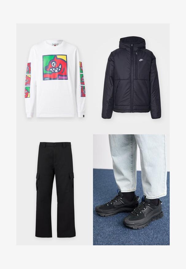 Zwarte, gewatteerde Nike-jas met een voorkant met ritssluiting en capuchon. Kenmerkt zich door een wit logo op de linkerborst en dubbele frontzakken. Gladde buitenkant.; Wit T-shirt met lange mouwen, versierd met kleurrijke grafische prints van een rode creatuur met scherpe tanden aan de voorkant en mouwen, gemaakt van katoen.; Zwarte cargobroek met een recht gesneden ontwerp. Gemaakt van duurzaam materiaal, met twee zijzakken met klep en een knoopsluiting.; Zwarte sportschoenen met gestructureerde stof en rubberen zolen, met elastische veters en een blauwe accent op de hiel. Draag samen met lichte spijkerbroeken.