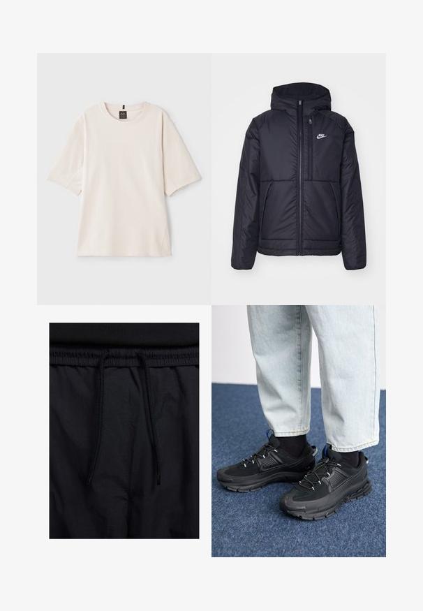 Casaco Nike preto, acolchoado, com fecho à frente e capuz. Apresenta um logo branco no lado esquerdo do peito e dois bolsos frontais. Textura exterior lisa.; T-shirt bege claro feito de algodão macio. Apresenta um decote redondo, mangas curtas e um corte descontraído com detalhes nas costuras laterais.; Calções pretos com um cós elástico ajustável, fabricados em tecido leve com uma textura suave e um design simples, sem logótipos ou padrões visíveis.; Sapatilhas desportivas pretas com tecido texturizado e solas em borracha, apresentando atacadores elásticos e um detalhe azul no calcanhar. Usadas com calças de ganga claras.