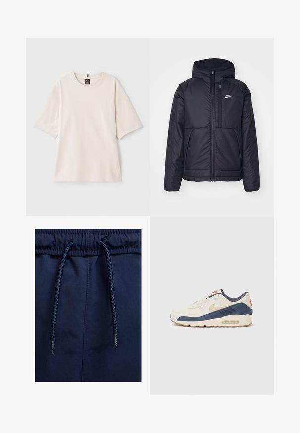 Sort, polstret Nike-jakke med frontlynlås og hætte. Har et hvidt logo på venstre bryst og to frontlommer. Glat ydre tekstur.; Lys beige t-shirt lavet af blød bomuld. Har en rund hals, korte ærmer og en afslappet pasform med forkantede side sømme.; Marineblå shorts med elastisk talje, der har en struktureret snøre og glat stof.; Sneakers med en overdel i cremefarvet læder og marineblå ruskind, med en synlig luftsål, beige gummisål og røde detaljer på hælen.