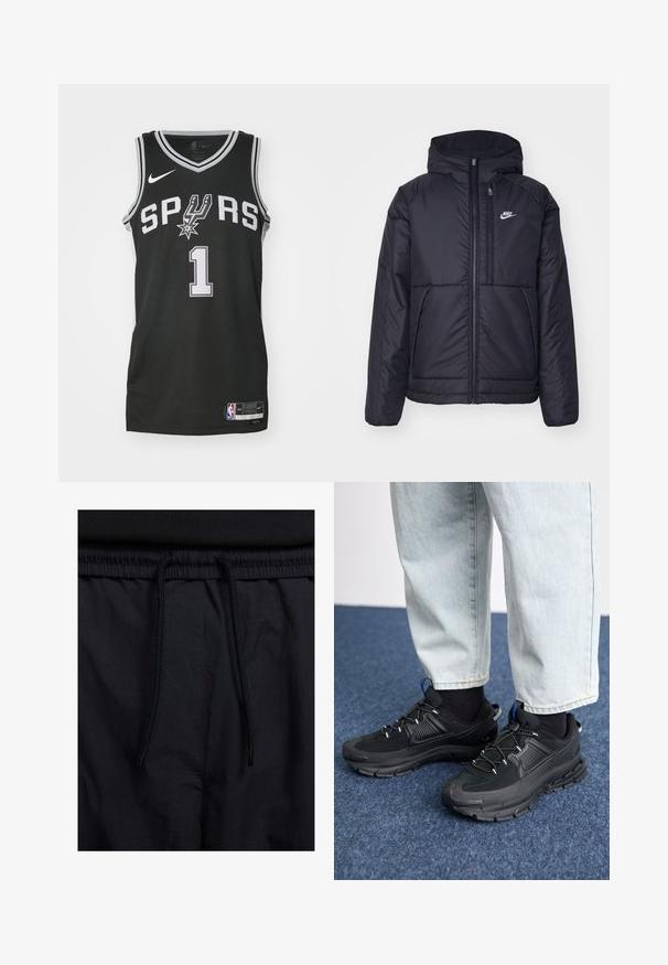 Svart, polstret Nike-jakke med frontglidelås og hette. Har en hvit logo på venstre bryst og doble frontlommer. Glatt ytterside.; Svart baskettrøye med "SPURS" i hvitt, med nummer "1" og Nike-logo. Laget av mesh-stoff med rund hals og sidetrim.; Sorte shorts med snor i livet, lett stoff med en jevn tekstur, og et enkelt design uten synlige logoer eller mønstre.; Svarte sportssko med teksturert stoff og gummisåler, med elastiske lisser og en blå detalj på hælen. Brukt med lyse denimbukser.