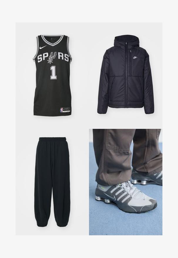 Melna, pufota Nike jaka ar priekšējo rāvējslēdzēju un kapuci. Iezīmēta ar baltu logotipu uz kreisās krūtis un divām priekšējām kabatām. Gluda ārējā tekstūra.; Melnā basketbola krekls ar baltu uzrakstu "SPURS", ar numuru "1" un Nike logo. Izgatavots no sieta auduma ar apaļu kakla izgriezumu un sānu apdari.; Melnas sporta bikses ar elastīgu jostasvietu, brīvu piegriezumu, aprocēm ap potītēm, gludu tekstūru, un bez redzamām rakstu vai aparatūras akcentiem.; Pelēki un sudraba Nike Shox sporta apavi izceļas ar elegantu dizainu, izmantojot acu un sintētiskos materiālus, apaļu purngalu un mīkstinātu apkakli.