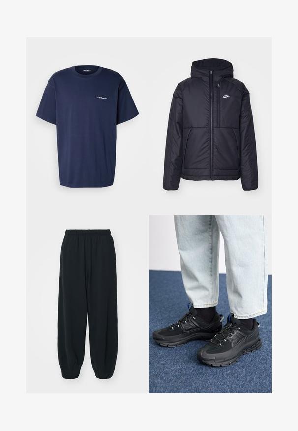 Svart, vadderad Nike-jacka med dragkedja framtill och huva. Har en vit logotyp på vänster bröst och dubbla framfickor. Slät yttextur.; Carhartt WIP SCRIPT EMBROIDERY - T-shirt - bas - air force blue/white; Svarta, elastiska sweatpants med lös passform, mudd vid anklarna, slät textur och utan synliga mönster eller detaljer i metall.; Svarta sportskor med texturerat tyg och gummisulor, med elastiska snörningar och en blå detalj på hälen. Bärs med ljusa jeans.