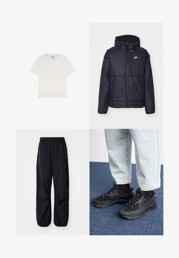 Giacca Nike nera, imbottita, con zip frontale e cappuccio. Presenta un logo bianco sul lato sinistro del petto e doppie tasche frontali. Texture esterna liscia.; Scalpers SOLID - T-shirt basic - cream; Pantaloni cargo leggeri neri con elastico in vita, zip laterali e tasche ampie. Caratterizzati da una vestibilità comoda e fondi a gamba affusolata.; Scarpe sportive nere con tessuto testurizzato e suole in gomma, dotate di lacci elastici e un accento blu sul tallone. Indossate con pantaloni in denim chiaro.