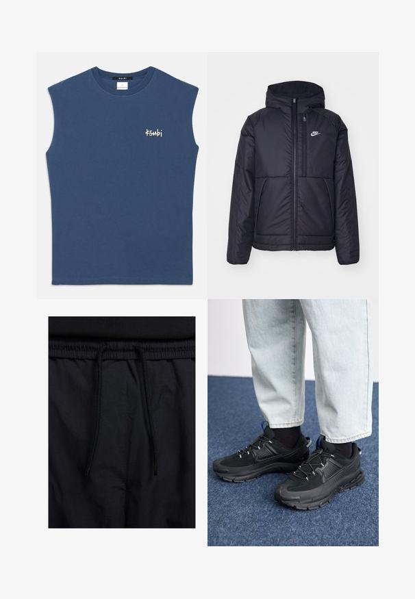 Musta, pehmustettu Nike-takki, jossa on etuvetoketju ja huppu. Vasemmassa rinnassa on valkoinen logo ja takissa on kaksinkertaiset etutaskut. Pintakoe on sileä.; Sininen hihaton puuvillapaita, jossa on pyöreä kaula-aukko. Rinnassa on pieni valkoinen "Ksubi"-logo. Sujuva pinta, rento leikkaus.; Mustat shortsit, joissa on naru vyötäröllä, kevyestä kankaasta valmistettu, sileä tekstuuri ja yksinkertainen muotoilu ilman näkyviä logoja tai kuvioita.; Mustat urheilukengät, joissa on teksturoitu kangas ja kumipohjat, elastiset nauhat ja sininen yksityiskohta kannassa. Yhdistetty vaaleisiin farkkuihin.
