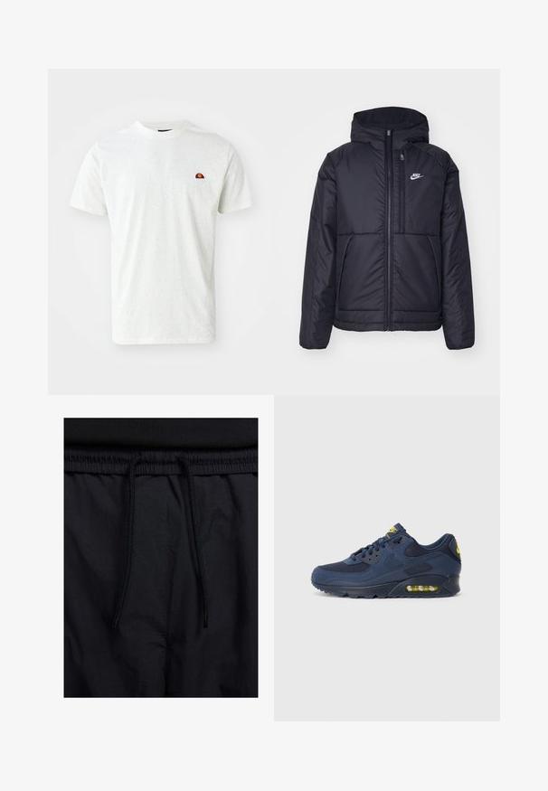 Sort, polstret Nike-jakke med frontlynlås og hætte. Har et hvidt logo på venstre bryst og to frontlommer. Glat ydre tekstur.; Ellesse GAUGUIN TEE - T-shirts basic - off white; Sorte shorts med snoretræk i taljen, letvægtsstof med en glat tekstur og et simpelt design uden synlige logoer eller mønstre.; Mørkeblå Nike Air Max sneakers med overdel i ruskind og mesh, med gule detaljer, snørelukning foran og synligt luftdæmpning i sålen.