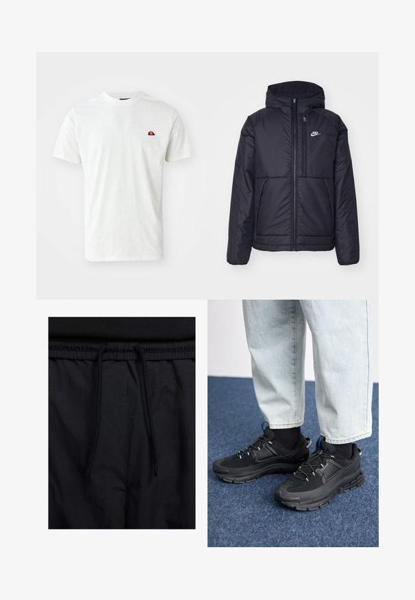 Must musta Nike jope, millel on ees lukuga avamine ja kapuuts. Vasakpoolne rind on kaunistatud valge logoga ning ees on kaks taskut. Sile välimine tekstuur.; Ellesse GAUGUIN TEE - Lihtne T-särk - off white; Mustad lühikesed püksid, millel on paelaga vöökoht, kerge kangas, mis on sileda tekstuuriga ning lihtne disain ilma nähtavate logode või mustriteta.; Mustad mustad jooksukingad, millel on tekstureeritud kangas ja kummist tallad, elastsed nöörid ning sinine aksent kandadel. Kandmine heledate teksadega.