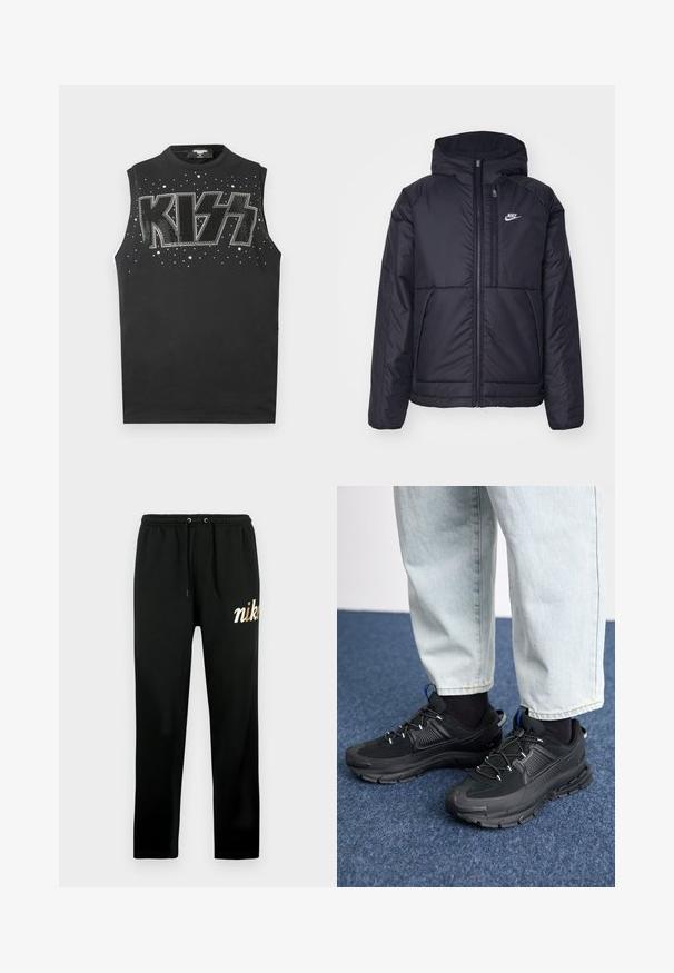 Black, padded Nike jacket with a front zipper and hood. Features a white logo on the left chest and dual front pockets. Smooth exterior texture.; Black sleeveless T-shirt featuring a large silver rhinestone "KISS" logo, scattered rhinestones, and a crew neckline. Made from cotton.; Black sweatpants made of soft fabric, featuring an elastic waistband with drawstrings, tapered legs, and a gold embroidered "nike" logo.; Black athletic shoes with textured fabric and rubber soles, featuring elastic laces and a blue accent on the heel. Worn with light denim pants.