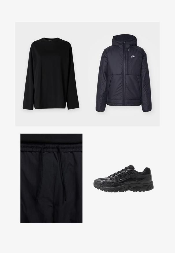 Chaqueta acolchada negra de Nike con cremallera frontal y capucha. Presenta un logo blanco en el lado izquierdo del pecho y dos bolsillos frontales. Textura exterior suave.; Weekday OVERSIZED LONG SLEEVE - Camiseta de manga larga - black; Pantalones cortos negros con cinturilla ajustable, tejido ligero con una textura suave y un diseño sencillo sin logotipos visibles ni patrones.; Zapatilla deportiva negra con parte superior de malla y sintético, superficie texturizada, diseño de cordones y suela de goma con patrón para tracción.