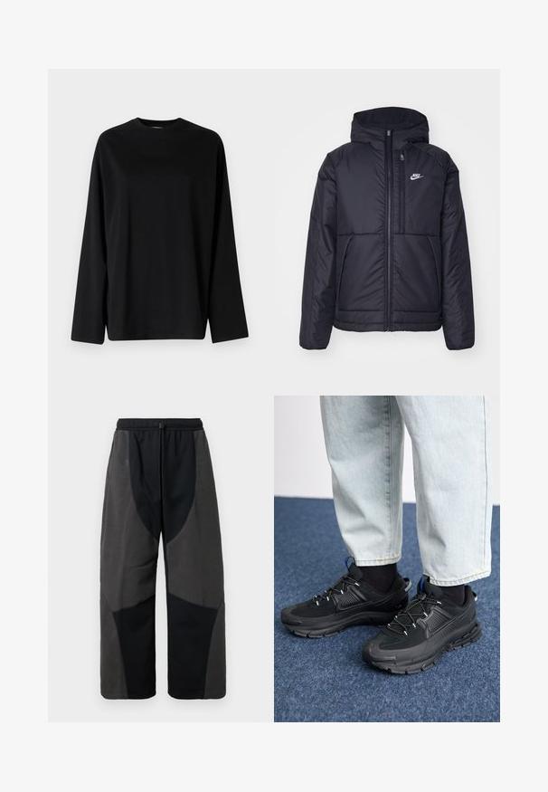 Must musta Nike jope, millel on ees lukuga avamine ja kapuuts. Vasakpoolne rind on kaunistatud valge logoga ning ees on kaks taskut. Sile välimine tekstuur.; Weekday OVERSIZED LONG SLEEVE - Pikkade varrukatega topp - black; Mustakate lõdva istuvusega püksid fleecedetailidega, mis sisaldavad kontrastset tumeda halli kangast paneeli ja reguleeritavat paelvöökohta.; Mustad mustad jooksukingad, millel on tekstureeritud kangas ja kummist tallad, elastsed nöörid ning sinine aksent kandadel. Kandmine heledate teksadega.