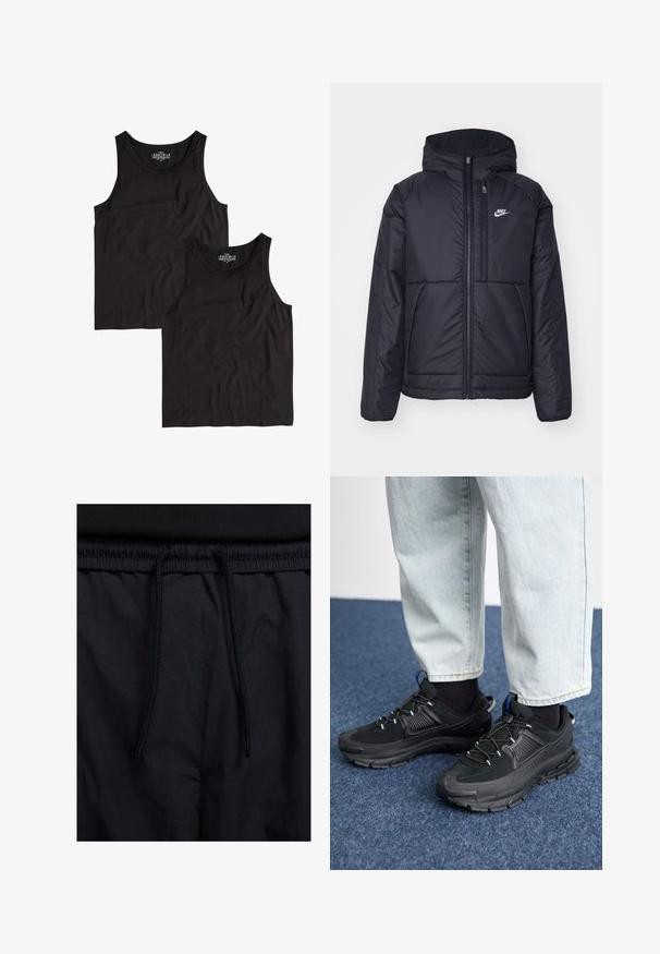Čierna, polstrovaná bunda Nike so zipsom vpredu a kapucňou. Na ľavej strane hrude sa nachádza biele logo a sú tu dva predné vrecká. Hladký vonkajší povrch.; Dve čierne tielka z bavlny s jednoduchým okrúhlym výstrihom a bezrukávovým dizajnom, položené na rovnej ploche s hladkou textúrou.; Čierne šortky s pásom na stiahnutie, z ľahkej látky s hladkou textúrou a jednoduchým dizajnom bez viditeľných log alebo vzorov.; Čierne športové topánky s textúrovanou tkaninou a gumovou podrážkou, so elastickými šnúrkami a modrým akcentom na päte. Nosia sa s svetlými riflami.