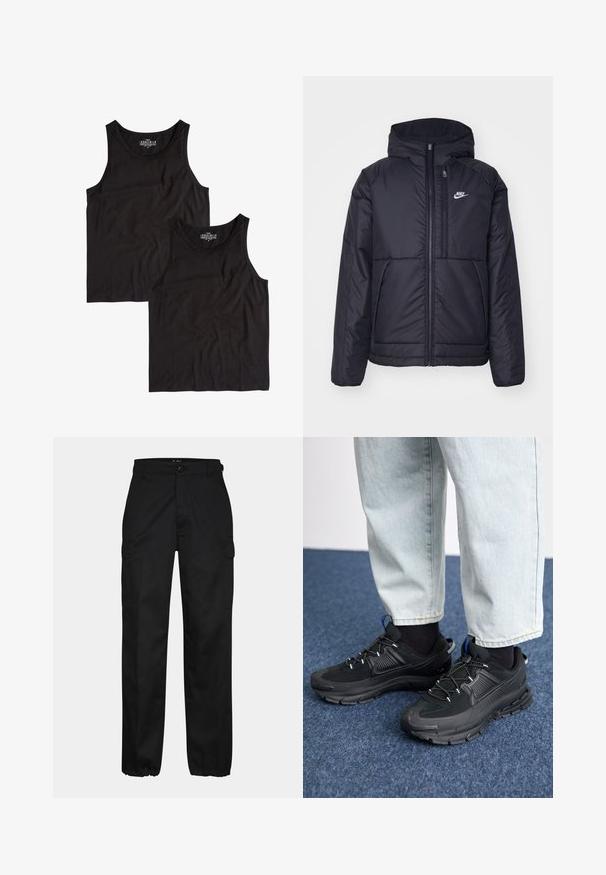 Schwarze, gepolsterte Nike-Jacke mit Frontreißverschluss und Kapuze. Hat ein weißes Logo auf der linken Brust und zwei Fronttaschen. Glattes äußeres Material.; Zwei schwarze Tanktops aus Baumwolle mit einem einfachen, runden Ausschnitt und ärmellosem Design, flach ausgelegt mit glatter Textur.; Schwarze Cargo-Hosen mit geradem Schnitt, ausgestattet mit Seitentaschen, einem Knopfverschluss und elastischen Bündchen an den Knöcheln. Hergestellt aus strapazierfähigem Material.; Schwarze Sportschuhe aus strukturiertem Stoff mit Gummisohlen, ausgestattet mit elastischen Schnürsenkeln und einem blauen Akzent an der Ferse. Getragen mit hellen Jeans.
