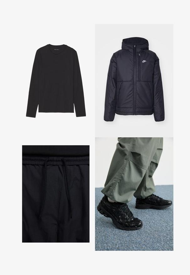 Must musta Nike jope, millel on ees lukuga avamine ja kapuuts. Vasakpoolne rind on kaunistatud valge logoga ning ees on kaks taskut. Sile välimine tekstuur.; Pikkade varrukatega must särk, mis on valmistatud pehmest kangast. Omab ümmargust krae ja lihtsat disaini, ilma mustrite või dekoratsioonideta.; Mustad lühikesed püksid, millel on paelaga vöökoht, kerge kangas, mis on sileda tekstuuriga ning lihtne disain ilma nähtavate logode või mustriteta.; Mustad mustad jooksukingad läikiva ja võrgumaterjaliga tekstuuriga, paksu tallaga ja paeltega, koos lodevate oliiviroheliste cargo-pükstega.
