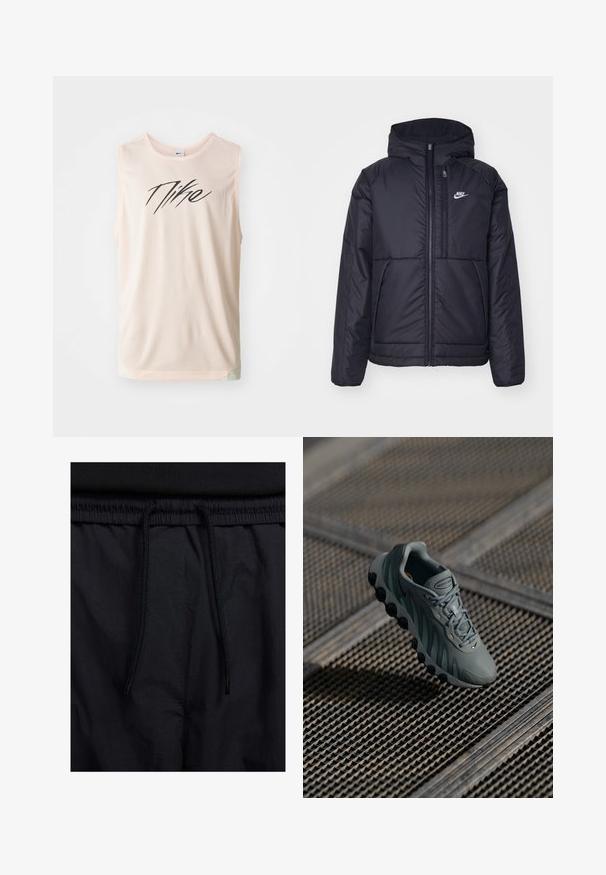 Juodas, paminkštintas Nike džemperis su priekyje užtrauktuku ir gobtuvu. Pasižymi balta logo kairėje krūtinės pusėje ir dviem priekinėmis kišenėmis. Su lygiu išoriniu paviršiumi.; Šviesiai rožinė tinklinė maikutė su juodu „Nike“ logotipu. Iškirptė apvali, be rankovių, šiek tiek išlenkta apatinė dalis ir tekstūruota medžiaga.; Juodos šortai su raišteliu juosmens srityje, lengva medžiaga su lygiu paviršiumi ir paprastas dizainas be matomų logotipų ar raštų.; Pilkas sportinis batelis su tekstūruotu paviršiumi, juodu guminiu padu, matomomis raištelėmis ir Nike logotipu; pasižymi aerodinamine dizaino forma ir amortizacinėmis detalėmis.