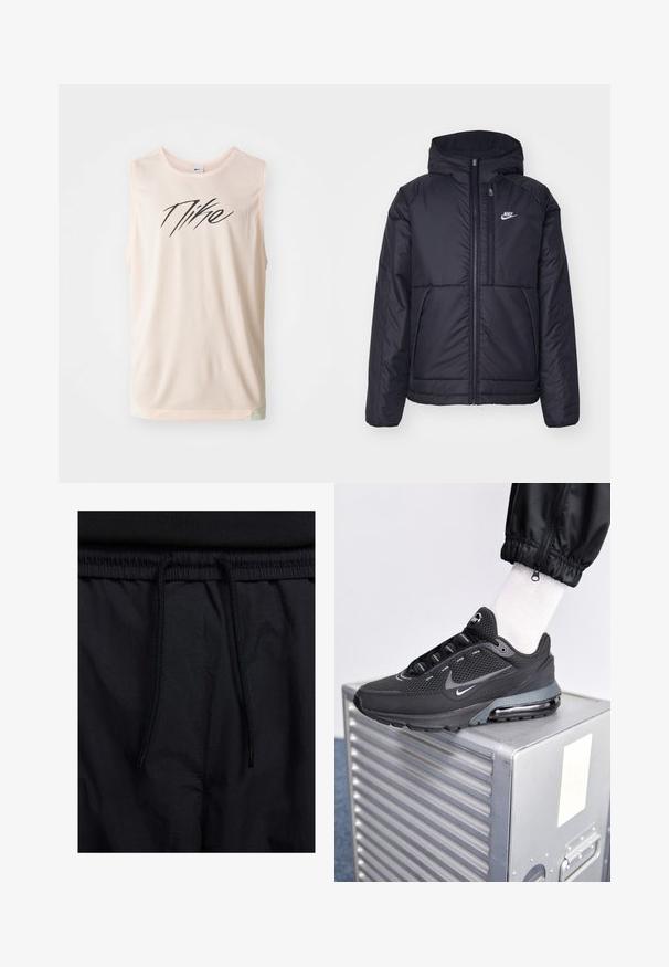 Zwarte, gewatteerde Nike-jas met een voorkant met ritssluiting en capuchon. Kenmerkt zich door een wit logo op de linkerborst en dubbele frontzakken. Gladde buitenkant.; Mouwenloze mesh tanktop in lichtroze met een zwart Nike-logo. Rond de hals, zonder mouwen, met een licht gebogen zoom en een geweven stof.; Zwarte shorts met een drawstring tailleband, lichtgewicht stof met een zachte textuur en een eenvoudig ontwerp zonder zichtbare logo's of patronen.; Nike Sportswear PULSE - Sneakers laag - black/anthracite