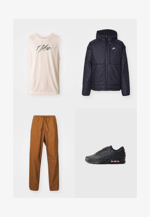Chaqueta acolchada negra de Nike con cremallera frontal y capucha. Presenta un logo blanco en el lado izquierdo del pecho y dos bolsillos frontales. Textura exterior suave.; Top de malla en rosa claro con un logo negro de Nike. Cuello redondeado, sin mangas, con un dobladillo ligeramente curvado y tela texturizada.; Pantalones marrones, ligeros, con cordón y cinturilla elástica, que cuentan con dos bolsillos laterales y una textura suave.; Zapatillas Nike Air Max 90 con parte superior sintética negra, acabado texturizado, cierre de cordones, unidad de aire visible y logo de acento en naranja.