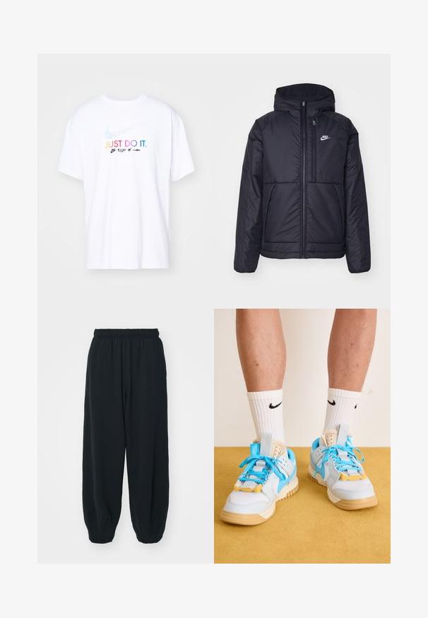 Μαύρο, επενδυμένο μπουφάν Nike με μπροστινό φερμουάρ και κουκούλα. Διαθέτει λευκό λογότυπο στο αριστερό στήθος και διπλές μπροστινές τσέπες. Λείο εξωτερικό υλικό.; Λευκό βαμβακερό μπλουζάκι με κοντά μανίκια, που έχει πολύχρωμο κείμενο "JUST DO IT." και το λογότυπο της Nike μπροστά.; Μαύρες, φόρμες με ελαστική μέση και χαλαρή εφαρμογή, με ρεβέρ στους αστραγάλους, λεία υφή και χωρίς ορατά μοτίβα ή αξεσουάρ.; Ανοιχτό μπλε αθλητικά παπούτσια με καφέ σόλες, με έντονες τιρκουάζ κορδόνες και κίτρινες λεπτομέρειες. Υφασμάτινα υλικά και ορατή αερόσακος.