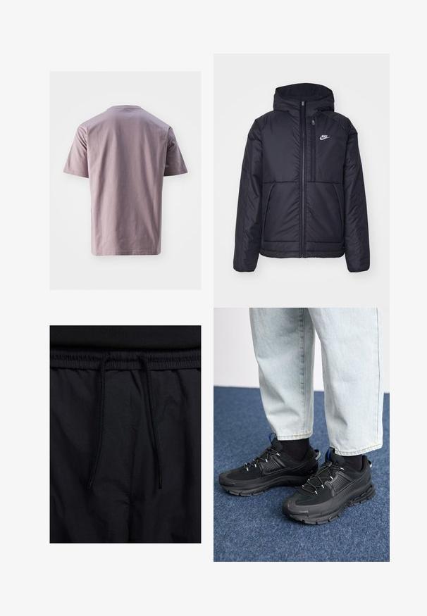 Črna, podložena Nike jakna z sprednjim zadrgo in kapuco. Ima bel logo na levem prsnem delu in dvojna sprednja žepa. Gladka zunanja tekstura.; Majica s kratkimi rokavi in okroglim izrezom iz mehkega lavandastega bombaža z gladko teksturo. Ravna obroba in minimalistična zasnova, brez vidnih logotipov ali vzorcev.; Črne kratke hlače z vrvico v pasu, lahkotna tkanina z gladko teksturo in preprosto zasnovo brez vidnih logotipov ali vzorcev.; Črne športne čevlje z teksturirano tkanino in gumijastimi podplati, ki imajo elastične vezalke ter modre poudarke na peti. Nosi se z lahkimi denim hlačami.