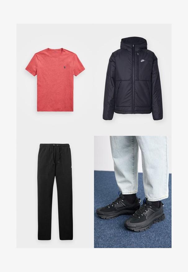 Veste Nike noire rembourrée avec une fermeture éclair sur le devant et une capuche. Elle présente un logo blanc sur la poitrine gauche et deux poches avant. Texture extérieure lisse.; T-shirt rouge en coton à col rond avec manches courtes. Présente un logo brodé bleu sur le côté gauche de la poitrine. Texture lisse, design décontracté.; Pantalons de survêtement noirs en polaire, dotés d'une taille élastique avec cordons de serrage, de deux poches avant et d'un petit logo sur la cuisse.; Des chaussures de sport noires avec un tissu texturé et des semelles en caoutchouc, dotées de lacets élastiques et d'un accent bleu au talon. Portées avec un pantalon en denim clair.