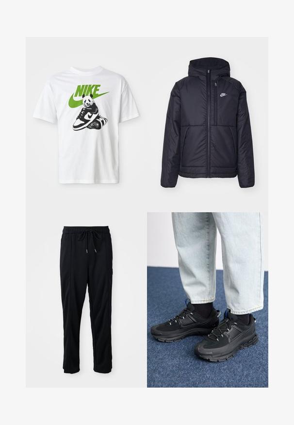Melna, pufota Nike jaka ar priekšējo rāvējslēdzēju un kapuci. Iezīmēta ar baltu logotipu uz kreisās krūtis un divām priekšējām kabatām. Gluda ārējā tekstūra.; Balts kokvilnas T-krekls ar melnbaltu pandu grafiku, kas tur Nike sneakeri, ar zaļu Nike logotipu virs tā.; Melnas bikses ar aukliņu jostas vietā, ar sānu kabatām un taisnu kāju griezumu uz vienkrāsaina fona.; Melni sporta apavi ar strukturētu audumu un gumijas zoli, ar elastīgām auklām un zilu akcentu uz papēža. Nēsāti ar gaišām džinsu biksēm.